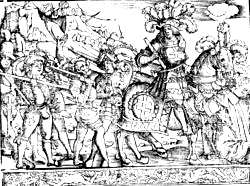 Le duc René II d'Anjou à la tête de ses troupes suisses devant la ville de Saint-Dié -Liber Nanceidos - Pierre de Blarru, 1519